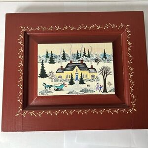 Virginia Young Folk Art Winter Scene Framed Painting on Wood
